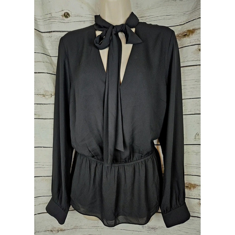 Babton Black Tie Neck Peplum Blouse Top Womens Large Long Sleeves Career Dressy